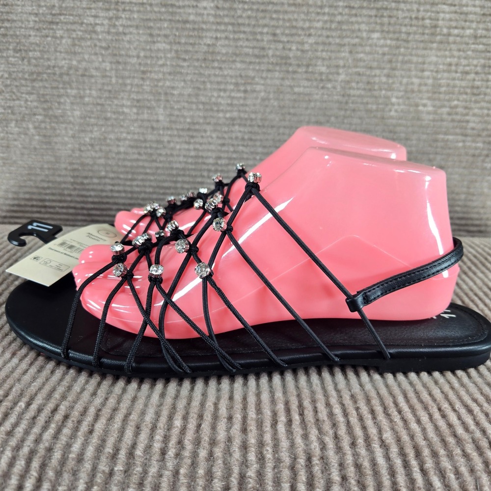 No Boundaries Womens 11 Black Rhinestone Caged Memory Foam Flat Sandals